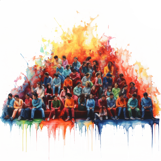 Group of diverse people sitting in rows, overlaid with a vibrant, abstract explosion of colors, symbolizing understanding and aligning with market consumers' needs and lifestyles.