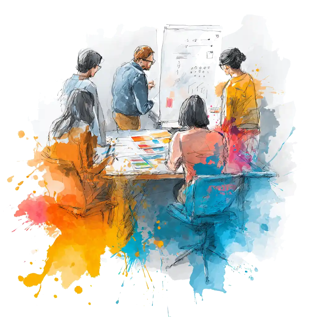 A small business team sits at a table organizing and prioritizing post-it notes of ideas. In the background, larger-than-life chess pieces stand covered in paint spills.