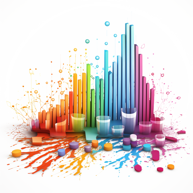 Color-gradient bar graph with paint splashes, illustrating a blend of data analysis and creativity, aligning with strategic impact.
