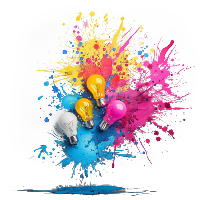 Colorful light bulbs amidst vibrant paint splashes on a white background, symbolizing creative ideas and innovation.