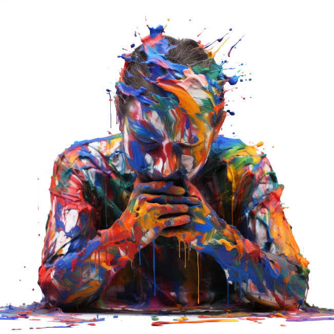 Abstract image of a person covered in vibrant, multicolored paint, sitting with head in hands, symbolizing the contemplation of one's core purpose and battling burnout.
