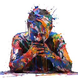 A man sits deep in thought, head on hands completely covered in colorful spilled paint.