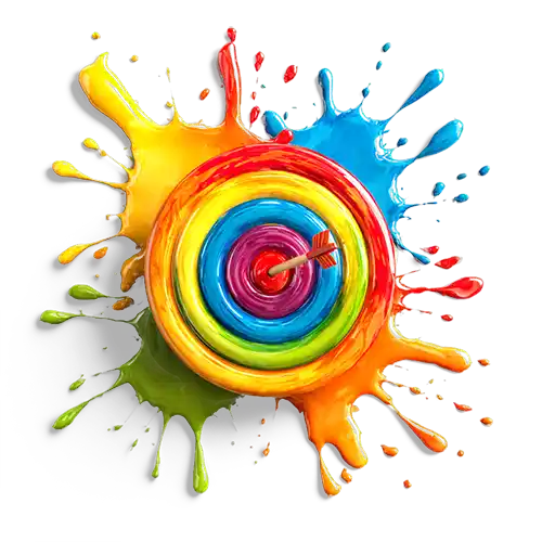An arrow piercing the bullseye of a target graph with paint splashes, illustrating a blend of data analysis and creativity, aligning with strategic impact.