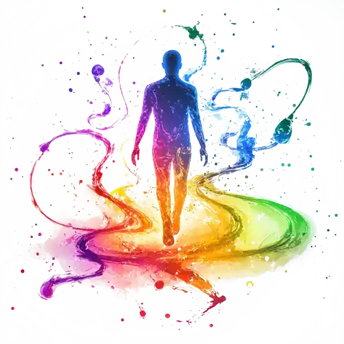 The silouhette of a business professional steps confidently forward while immersed in color spilled paint and light.