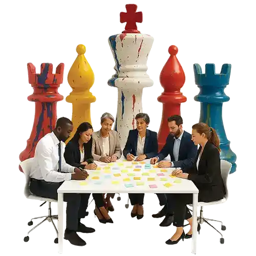A small business team sits at a table organizing and prioritizing post-it notes of ideas. In the background, larger-than-life chess pieces stand covered in paint spills.