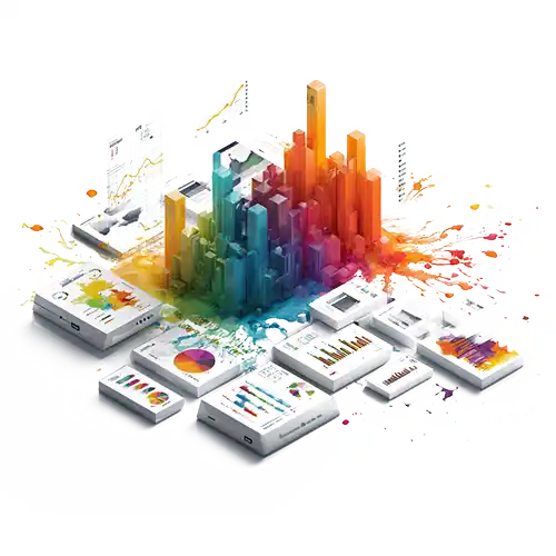 Explosive splash of multicolored paint, around a rising center of barcharts in a collection of datasheets symbolizing using data in creative and energized marketing.