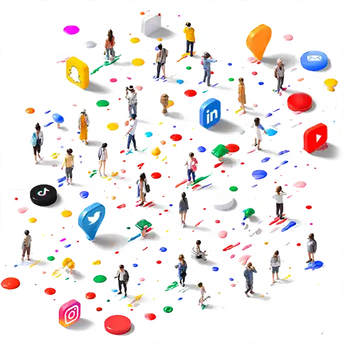 Abstract location pin and social media icons with tiny people and vibrant paint in yellow, orange, red, and blue, symbolizing the importance of building presence where the audience congregates.