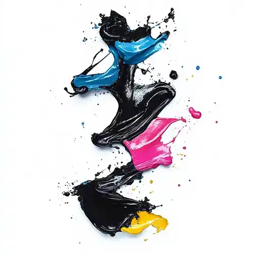 An energetic, bold zig-zag of paint transitions between black, blue, black, pink, black, and yellow.