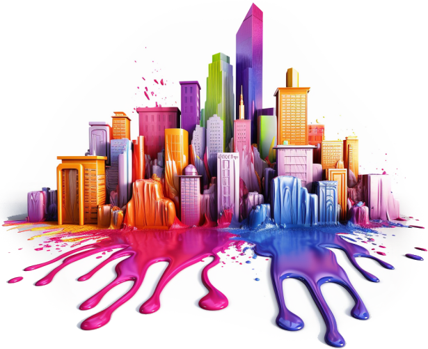 Artistic cityscape with buildings painted in bright colors, with paint dripping down, representing creatively covering the entire market.