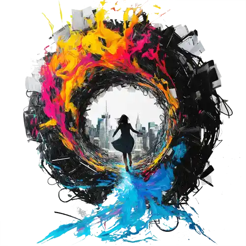 A small business owner stands before a portal to a new future, preparing to step through.