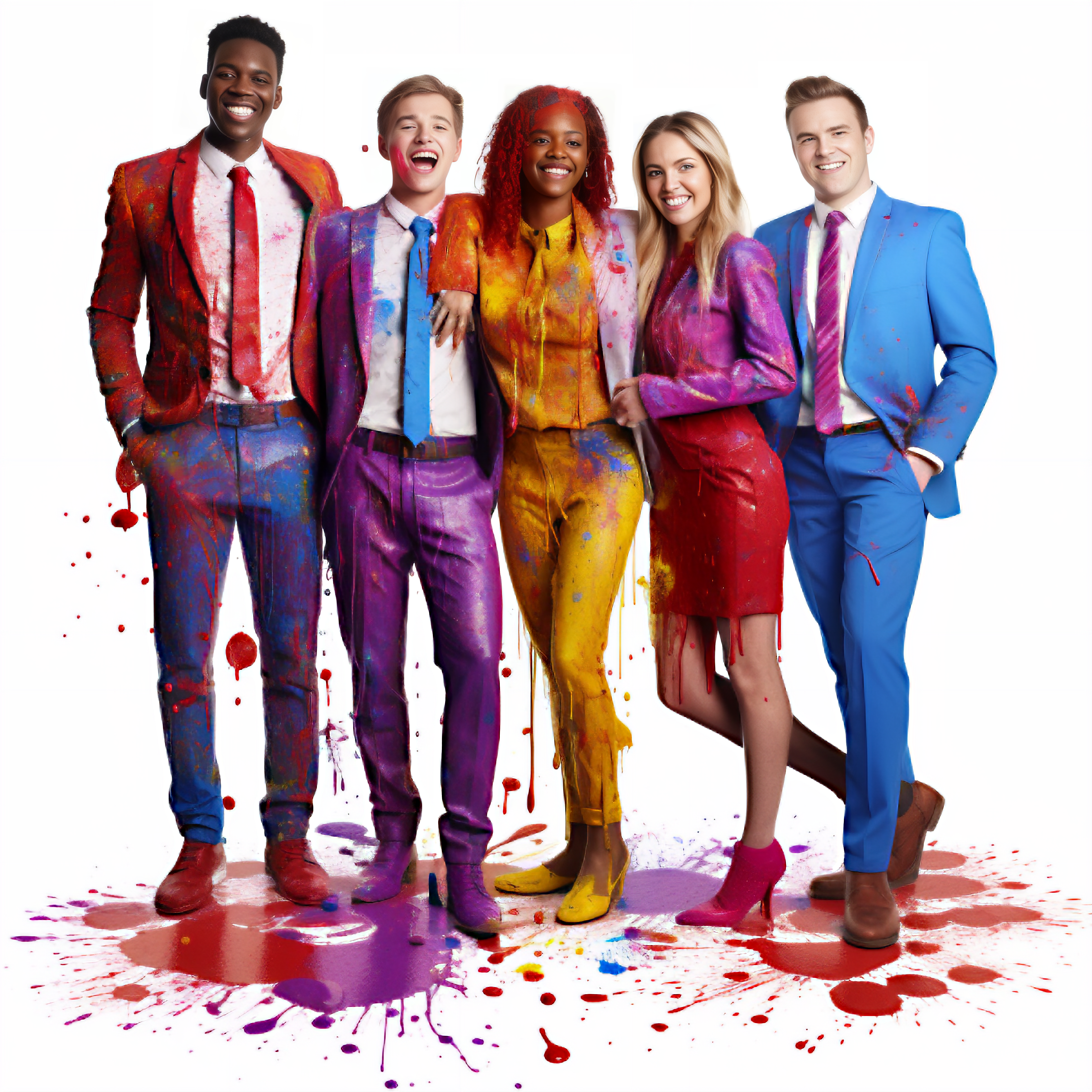 Five diverse individuals in business attire, splattered with multicolored paint, smiling at the camera, symbolizing a playful and creative team spirit.