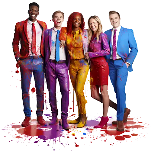 Five diverse individuals in business attire, splattered with multicolored paint, smiling at the camera, symbolizing a playful and creative team spirit.