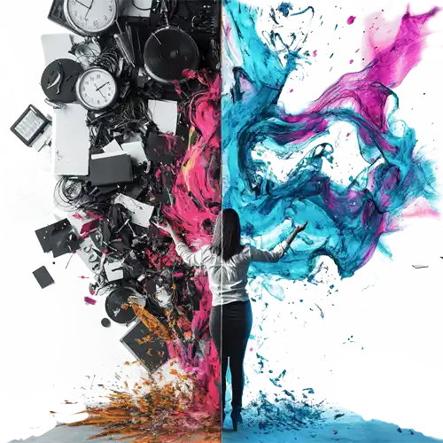 A business founder stands in front of a spilt background, juxtaposing a chaotic mess of business equipment and a beautiful wave of spilled colorful paint on the right.