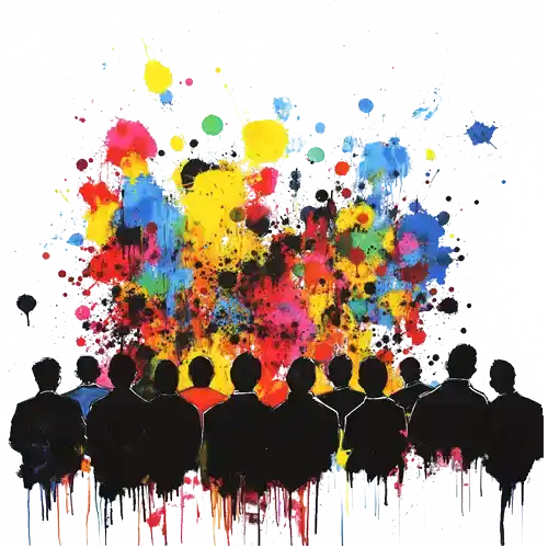The silouhette of an audience intently watching a colorful display of abstract paint spills